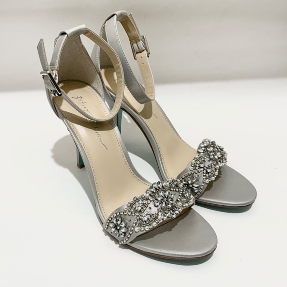 Betsey Johnson Gina Jeweled Ankle Strap Dress Sandals Silver Satin Stiletto Heel - Picture 6 of 12